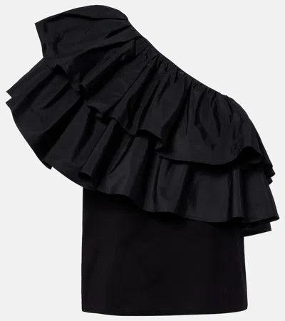 Max Mara Elegante Orca Ruffled One-shoulder Cotton Top In Black