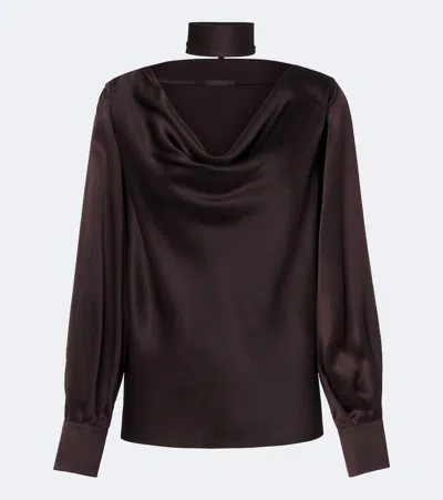Max Mara Elegante Scarf-detail Silk Satin Blouse In Brown