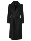 Max Mara Black Belted Long Coat With Notched Collar And Smooth Finish In Black