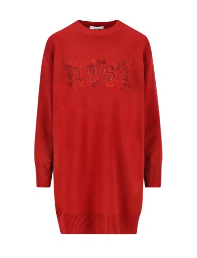 Max Mara Embellished Crewneck Long-sleeved Dress In Rosso