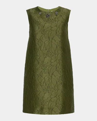 Max Mara Embellished Floral Jacquard Sleeveless Mini Shift Dress In Green