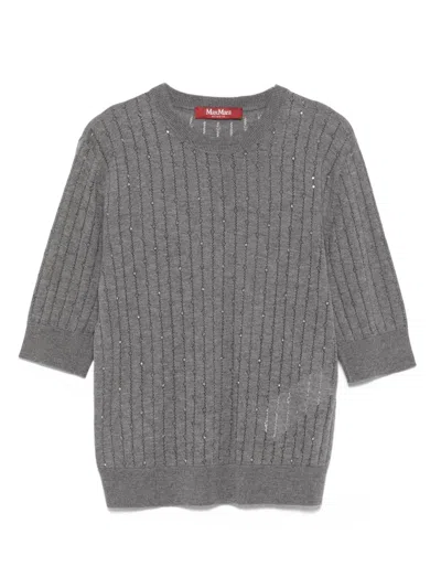 Max Mara Crewneck Sequin Embellished Short Sleeve Sweater In Gray
