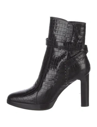 Pre-owned Max Mara Embossed Leather Whipstitch Trim Boots In Black