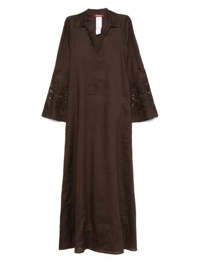 Max Mara Embroidered Bell-sleeve Dress In Brown