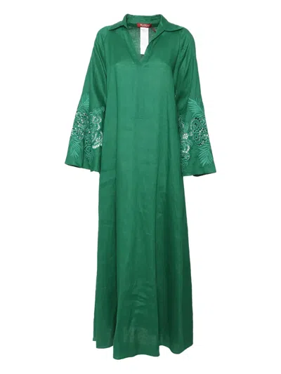 Max Mara Embroidered Flax Linen Midi Dress With Flair In Green