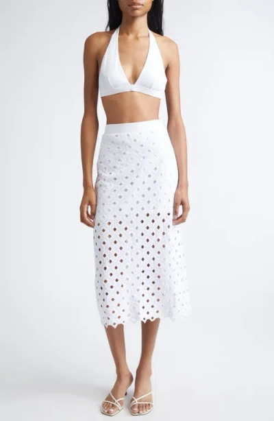 Max Mara Embroidered Jersey Eyelet Midi Skirt In White