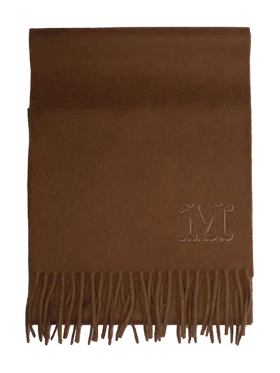 Max Mara Embroidered-logo Fringe Scarf In Brown