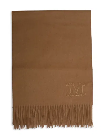 Max Mara Embroidered-logo Fringe Scarf In Brown