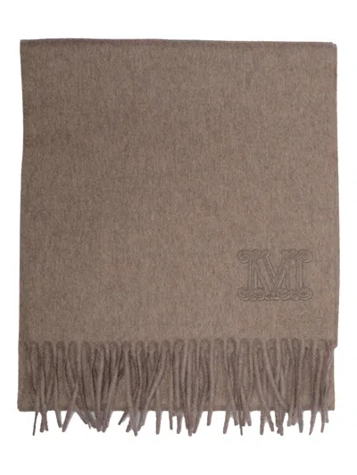 Max Mara Embroidered-logo Fringe Scarf In Neutral