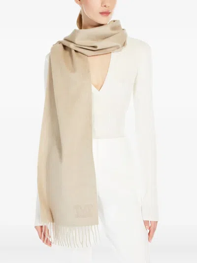 Max Mara Embroidered-logo Fringed Scarf In Neutral