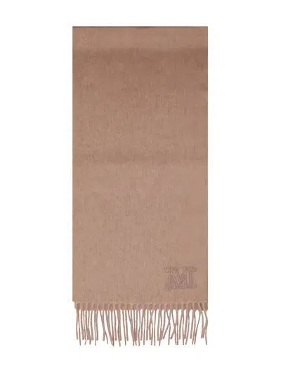 Max Mara Embroidered-logo Fringed Scarf In Neutral