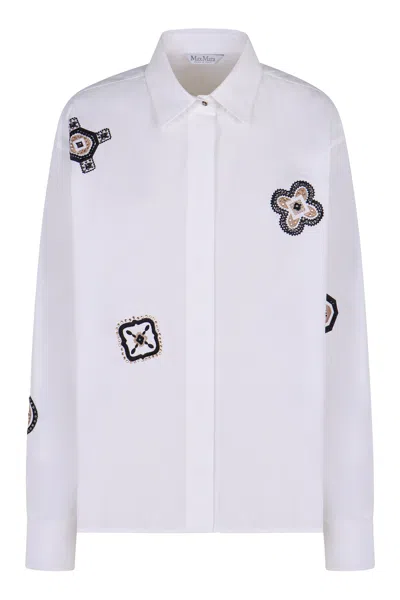 Max Mara Shirt Pointed Collar Long Sleeves Applique Embroidery In White