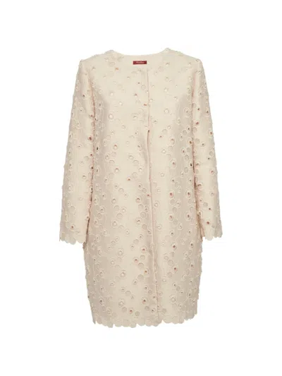 Pre-owned Max Mara Embroidered Scalloped-edge Coat In Neutral