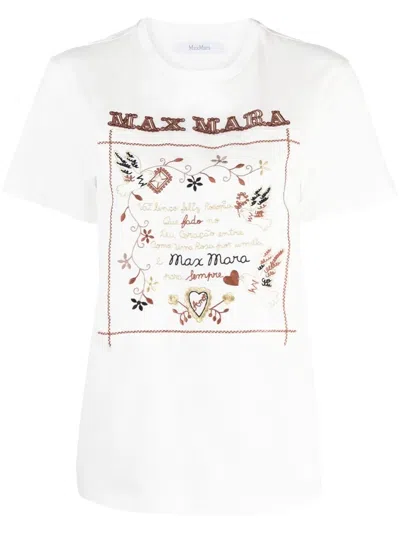 Max Mara White Short-sleeved T-shirt With Brown Logo Embroidery In Beige
