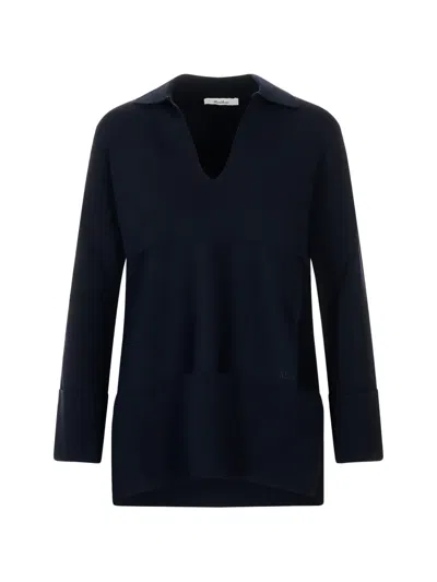 Max Mara Embroidered-logo V-neck Polo Sweater In Blue