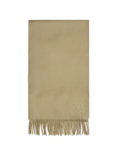Max Mara Embroidered-monogram Fringed Scarf In Green