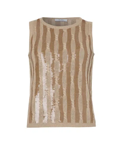 Max Mara Golia Linen Knitted Tank Top With Embroidered Sequin In Beige