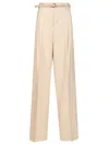 Max Mara Entrata Wool Gabardine High Waist Pleated W Belt Trousers White In Brown