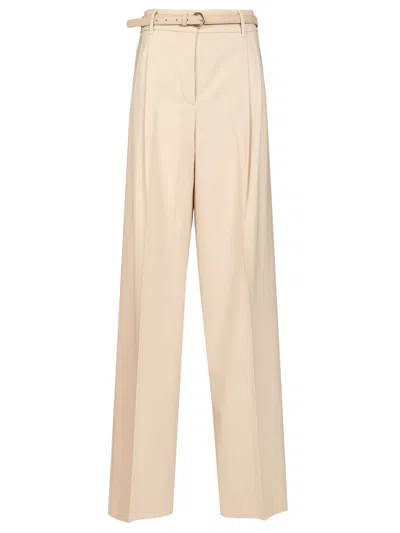 Max Mara Entrata Wool Gabardine High Waist Pleated W Belt Trousers White In Brown