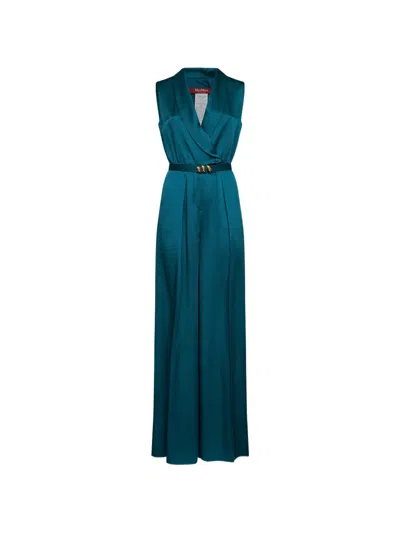 Max Mara Envers Belted Satin Jumpsuit In Green