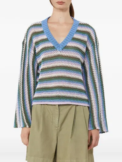 Max Mara Epica Striped V-neck Sweater In Blue