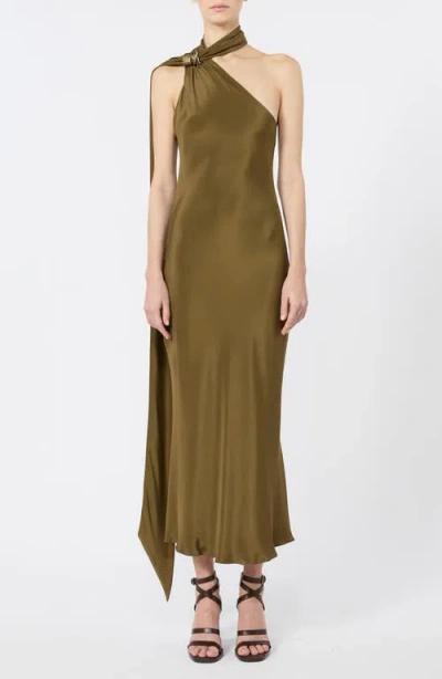 Max Mara Evasto Scarf Neck One Shoulder Silk Satin Evening Dress In Brown