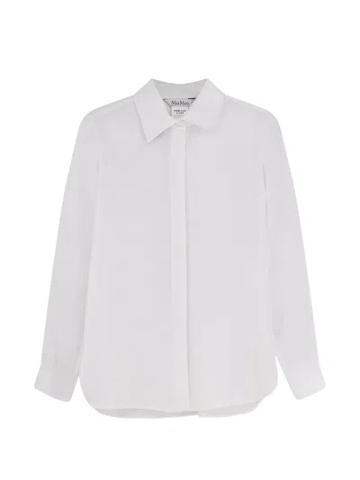 Max Mara Falasco Linen Shirt With Hidden Button Closure And Monogram Embroidery In White