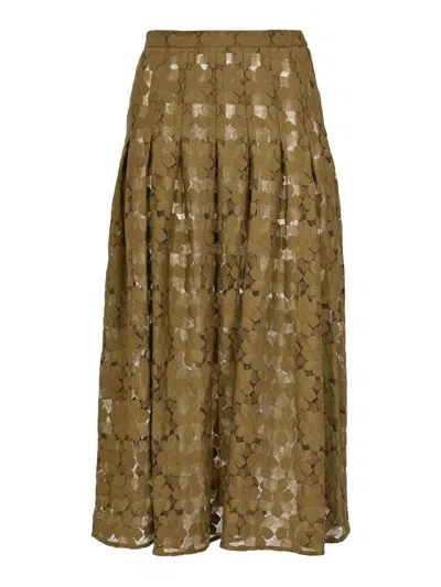 Max Mara Mstairone Midi Skirt In Khaki Green Lace In Brown