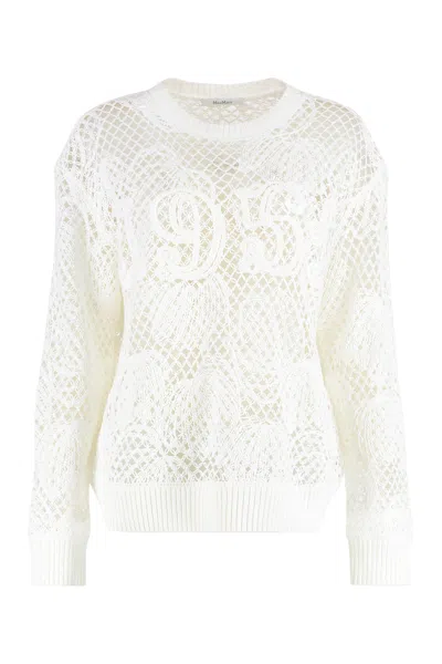Max Mara Farea Crochet-knit Cotton Crew-neck Sweater In White