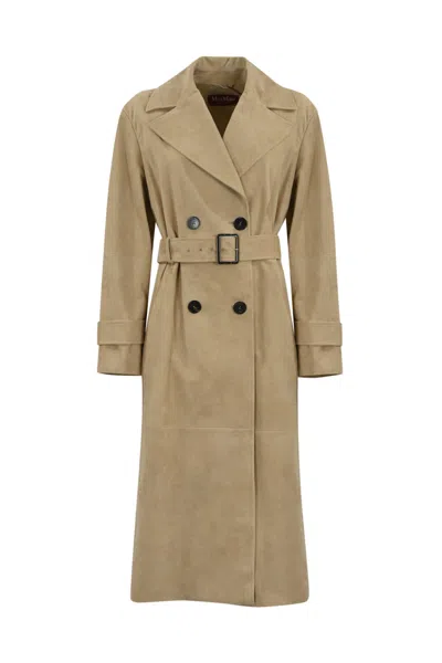 Max Mara Farnese Trench Coat In Suede In Neutral