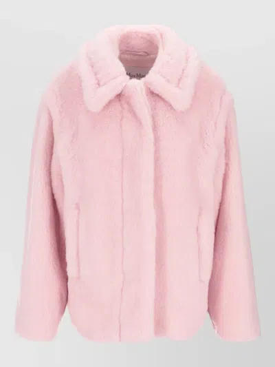 Max Mara Faux Fur Texture Knitted Jacket Long Sleeves In Pink