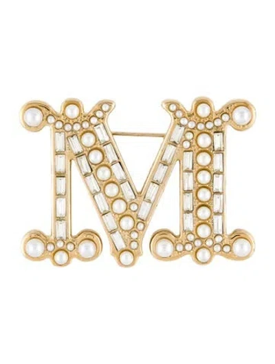 Pre-owned Max Mara Faux Pearl & Crystal Monogram Pin Brooch In Multi