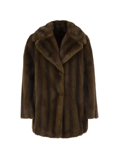 Max Mara Eco Fur Coat With Revers Collar In Brown