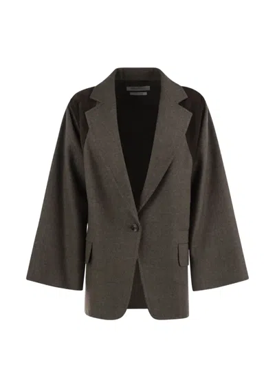 Max Mara Fenice Leather-panelled Virgin Wool Blazer In Gray