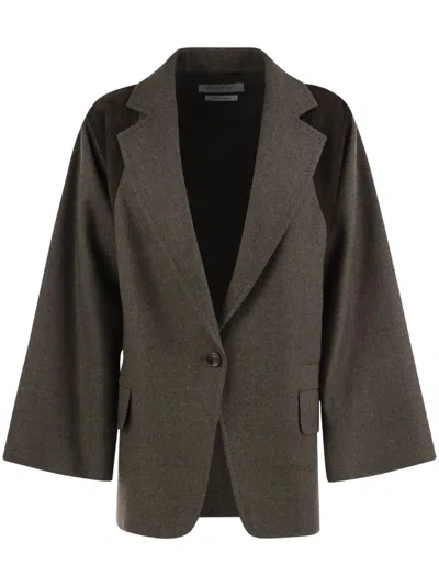 Max Mara Fenice Leather-trim Virgin Wool Blazer In Brown