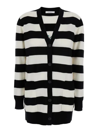 MAX MARA MAX MARA 'FIEMME' BLACK AND WHITE CARDIGAN WITH REAR EMBROIDERY AND ALL-OVER STRIPED MOTIF IN WOOL W