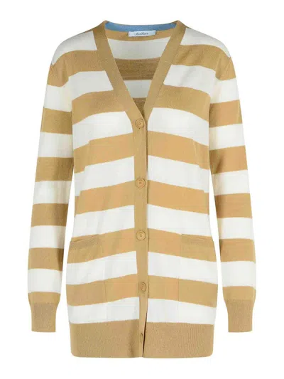 Max Mara Fiemme Virgin Wool Sand Cardigan In Blue