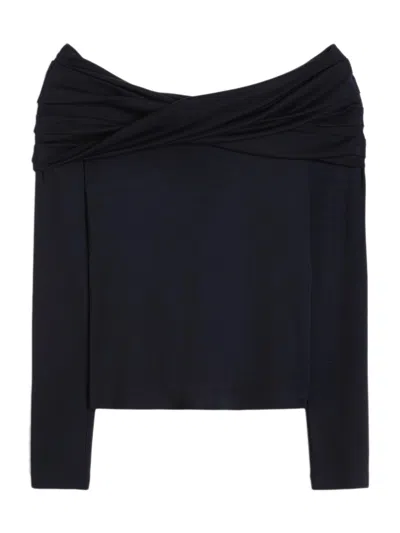 Max Mara Figure-hugging Bandeau Wool Top With Long Glove-style Sleeves In Black
