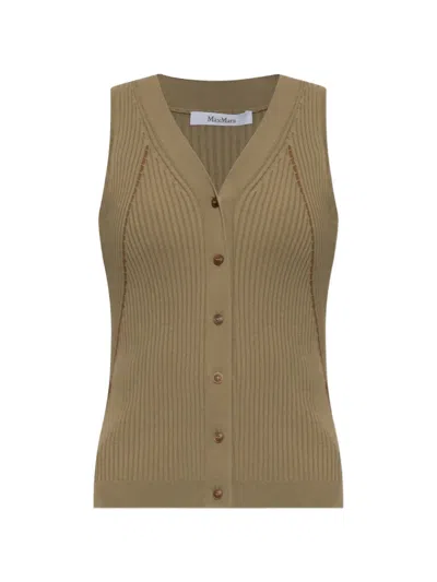 Max Mara Ribbed Knit Cotton-viscose Crepe Vest With V-neck And Contrasting Button Closure In Neutral