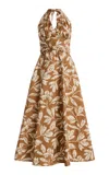 Max Mara Halterneck Printed Cotton Midi Dress In Brown