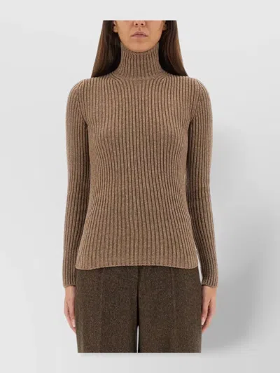 Max Mara Fitted Long Sleeve Turtleneck Knit Sweater In Brown