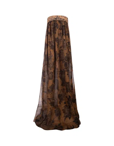 Max Mara Floral Patterned Strapless Dress In Brown