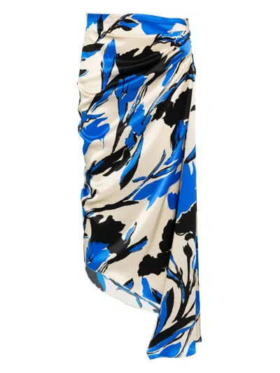 Max Mara Draped Floral Ruched Asymmetric Hem Skirts In Blue