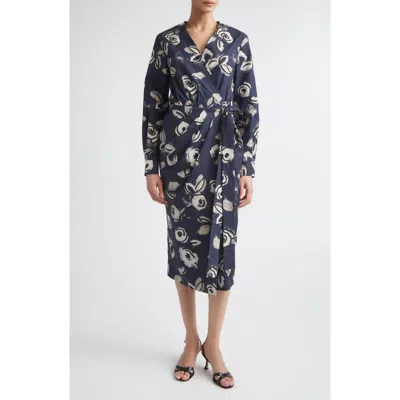 Max Mara Floral Print Long Sleeve Cotton Wrap Dress In Blue