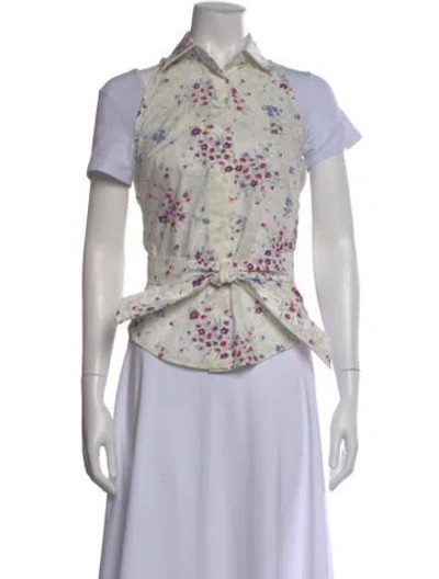 Pre-owned Max Mara Floral Print Short Sleeve Button-up Top W/ Tags In White