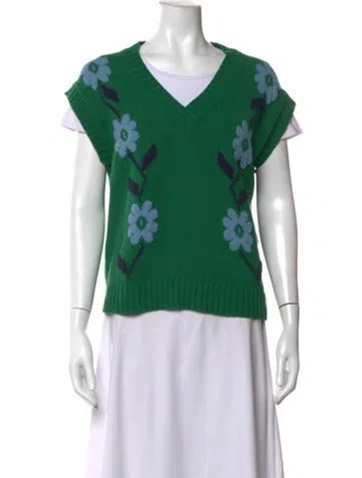 Pre-owned Max Mara Floral Print V-neck Sweater In Green