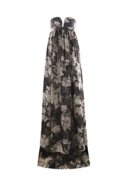 Max Mara Floral Printed Strapless Dress In Black