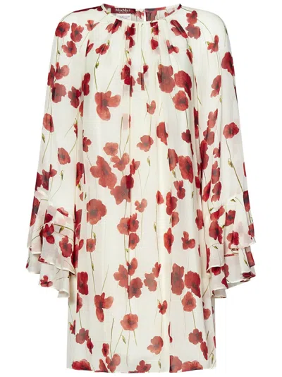 MAX MARA MAX MARA FLORAL-PRINTED WHITE SILK GEORGETTE DRESS