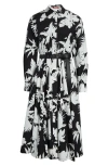Max Mara Floral Silhouette Print Long Sleeve Cotton Poplin Midi Shirtdress In Black