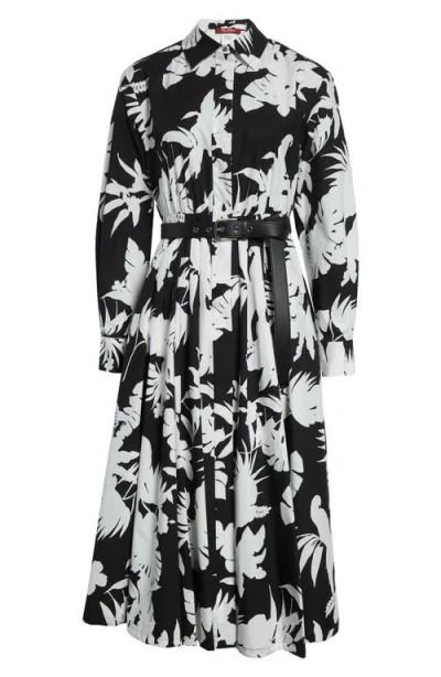 Max Mara Floral Silhouette Print Long Sleeve Cotton Poplin Midi Shirtdress In Black